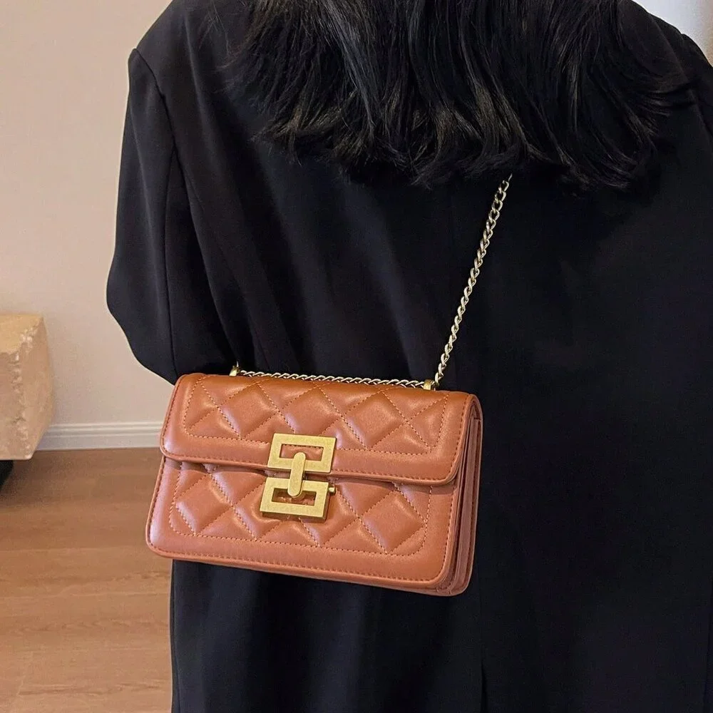 Brown Elegant Women's Square Crossbody Bag With Chain Strap
